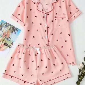 SHEIN Pink Cherry Print Pajama Set